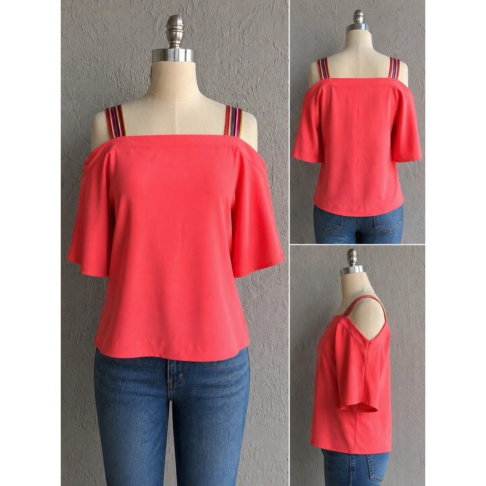 Trina Turk Coral Off‎ Shoulder Top XS Colorful Straps Chic Blouse.